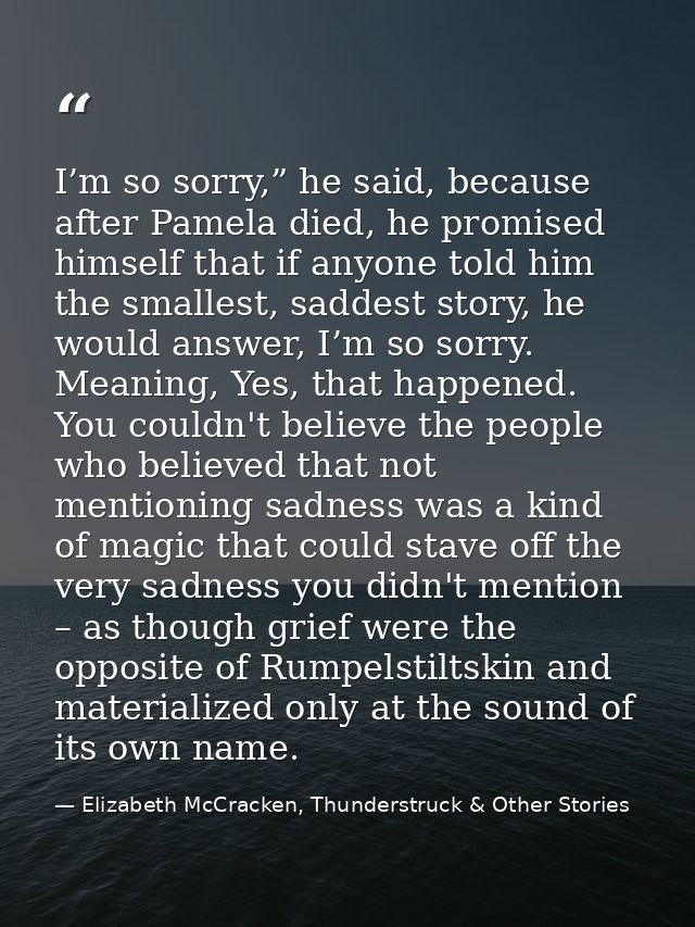 I’m so sorry,” he said, because after Pamela died, he promised himself that if anyone told him the smallest, saddest sto — Elizabeth McCracken, Thunderstruck & Other Stories