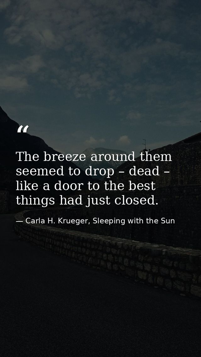 The breeze around them seemed to drop – dead – like a door to the best things had just closed. — Carla H. Krueger, Sleeping with the Sun