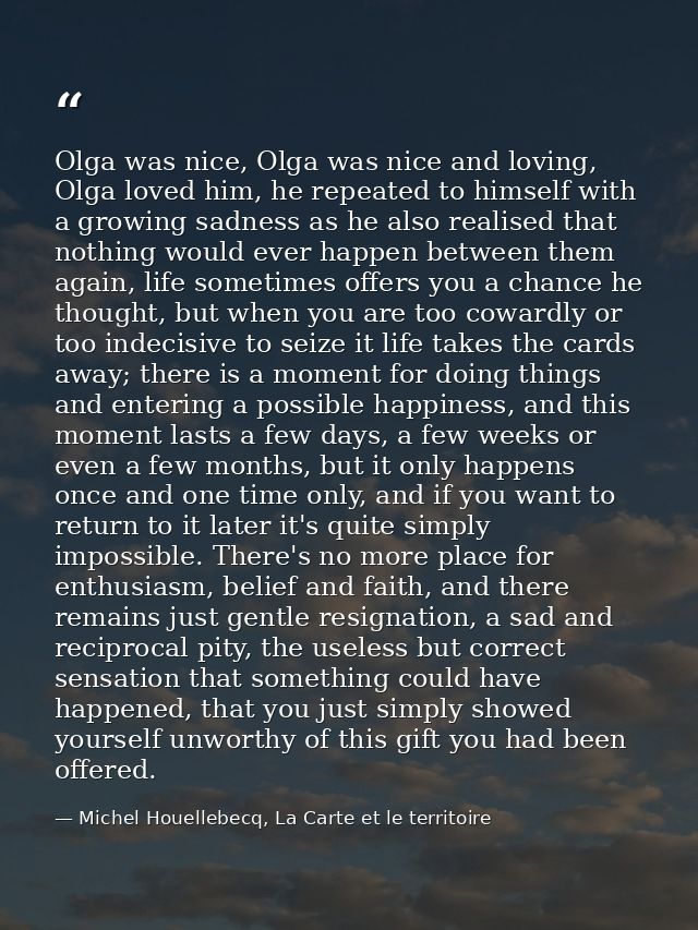 Olga was nice, Olga was nice and loving, Olga loved him, he repeated to himself with a growing sadness as he also realis — Michel Houellebecq, La Carte et le territoire