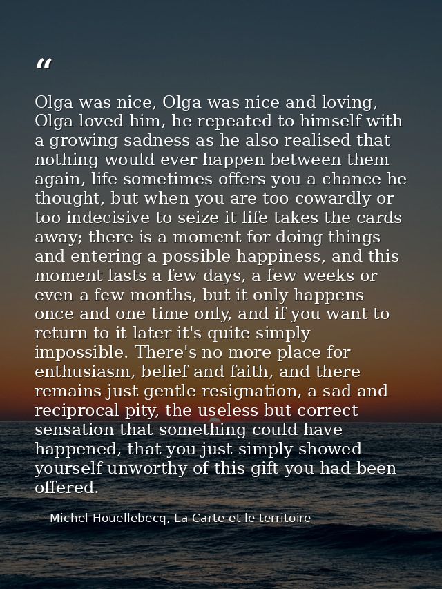 Olga was nice, Olga was nice and loving, Olga loved him, he repeated to himself with a growing sadness as he also realis — Michel Houellebecq, La Carte et le territoire