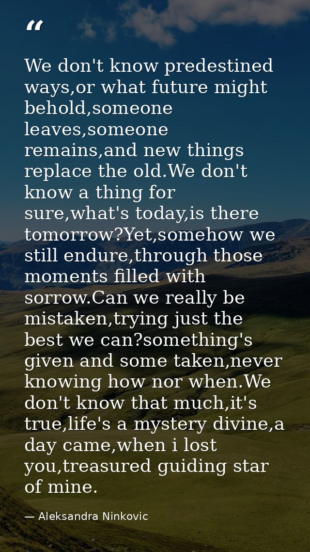 We don't know predestined ways,or what future might behold,someone leaves,someone remains,and new things replace the old — Aleksandra Ninkovic