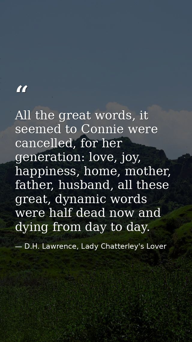 All the great words, it seemed to Connie were cancelled, for her generation: love, joy, happiness, home, mother, father, — D.H. Lawrence, Lady Chatterley's Lover