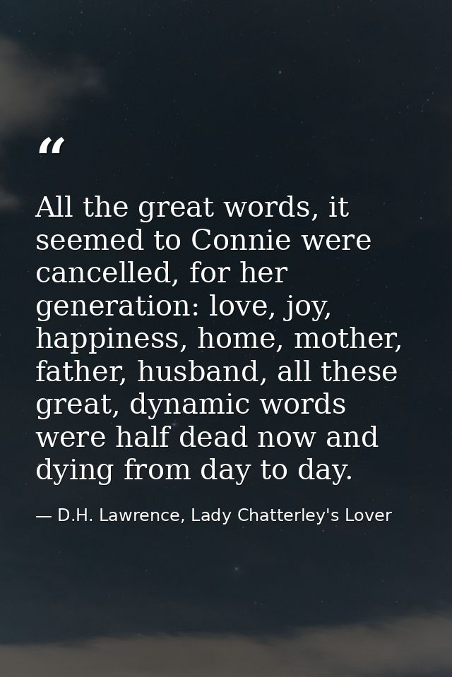 All the great words, it seemed to Connie were cancelled, for her generation: love, joy, happiness, home, mother, father, — D.H. Lawrence, Lady Chatterley's Lover