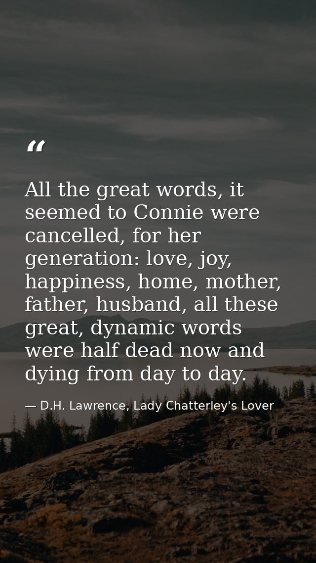 All the great words, it seemed to Connie were cancelled, for her generation: love, joy, happiness, home, mother, father, — D.H. Lawrence, Lady Chatterley's Lover