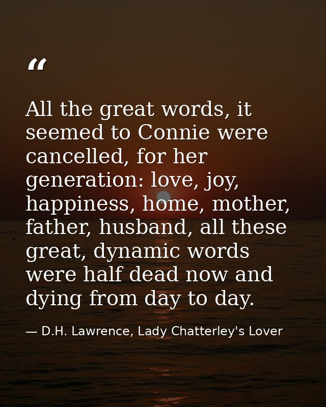 All the great words, it seemed to Connie were cancelled, for her generation: love, joy, happiness, home, mother, father, — D.H. Lawrence, Lady Chatterley's Lover