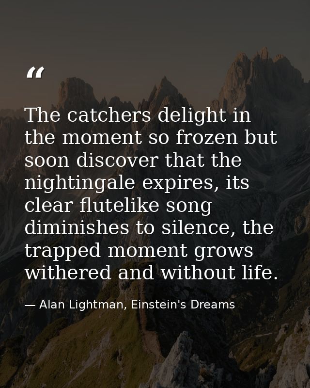 The catchers delight in the moment so frozen but soon discover that the nightingale expires, its clear flutelike song di — Alan Lightman, Einstein's Dreams