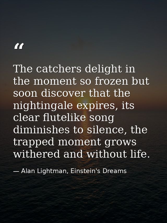 The catchers delight in the moment so frozen but soon discover that the nightingale expires, its clear flutelike song di — Alan Lightman, Einstein's Dreams