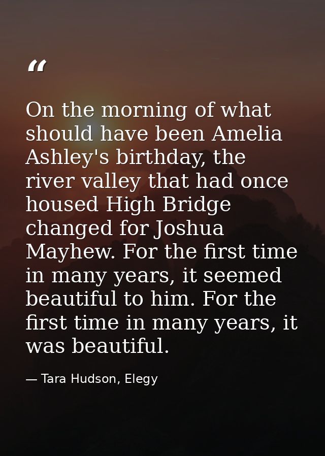 On the morning of what should have been Amelia Ashley's birthday, the river valley that had once housed High Bridge chan — Tara Hudson, Elegy