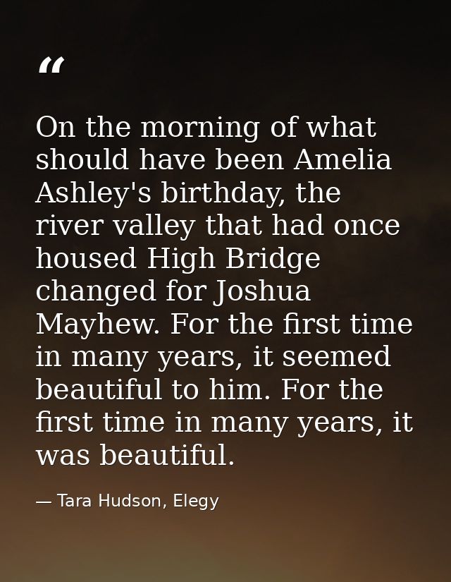 On the morning of what should have been Amelia Ashley's birthday, the river valley that had once housed High Bridge chan — Tara Hudson, Elegy