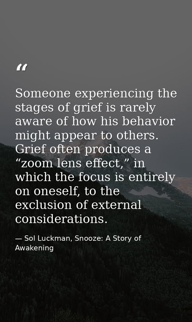 Someone experiencing the stages of grief is rarely aware of how his behavior might appear to others. Grief often produce — Sol Luckman, Snooze: A Story of Awakening