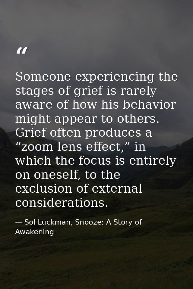 Someone experiencing the stages of grief is rarely aware of how his behavior might appear to others. Grief often produce — Sol Luckman, Snooze: A Story of Awakening