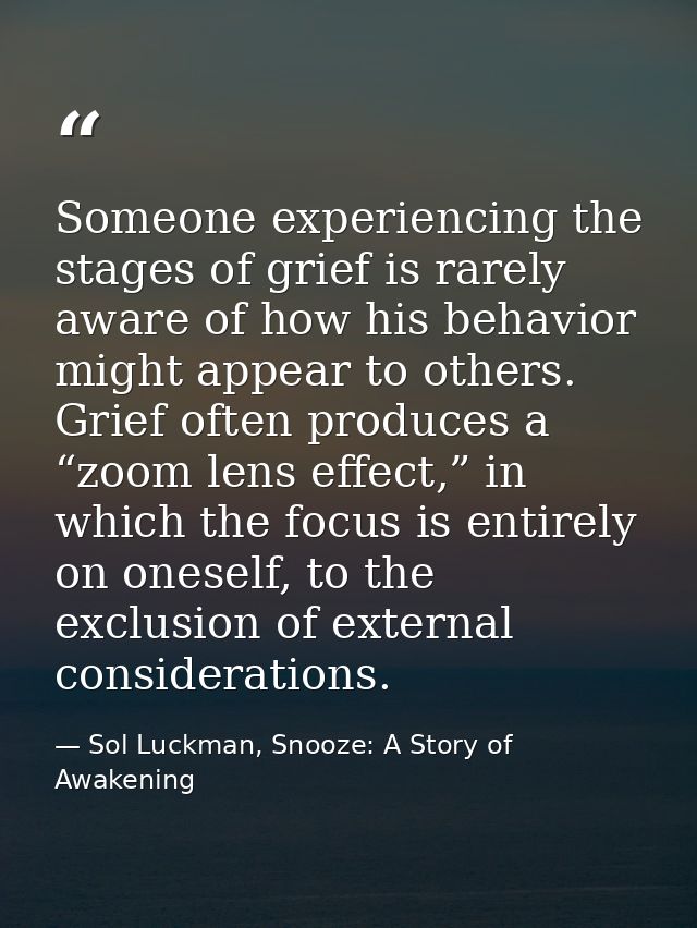 Someone experiencing the stages of grief is rarely aware of how his behavior might appear to others. Grief often produce — Sol Luckman, Snooze: A Story of Awakening