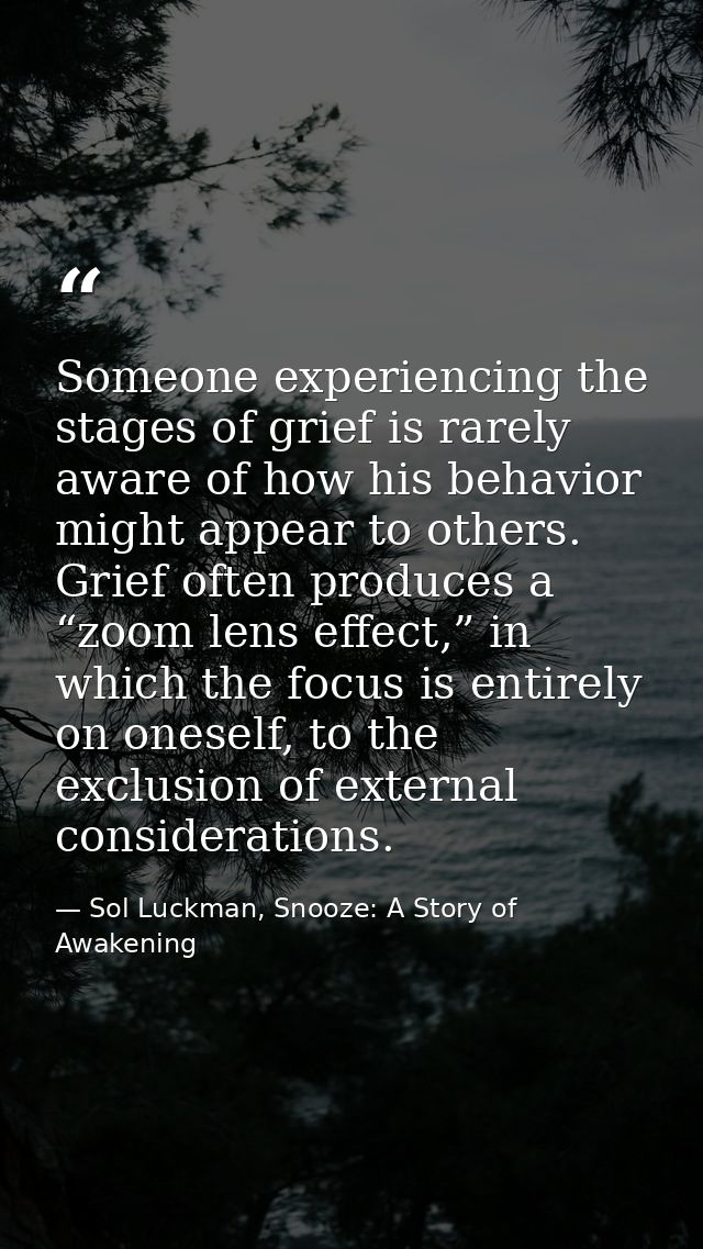 Someone experiencing the stages of grief is rarely aware of how his behavior might appear to others. Grief often produce — Sol Luckman, Snooze: A Story of Awakening