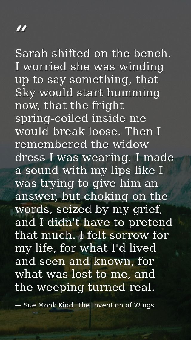 Sarah shifted on the bench. I worried she was winding up to say something, that Sky would start humming now, that the fr — Sue Monk Kidd, The Invention of Wings