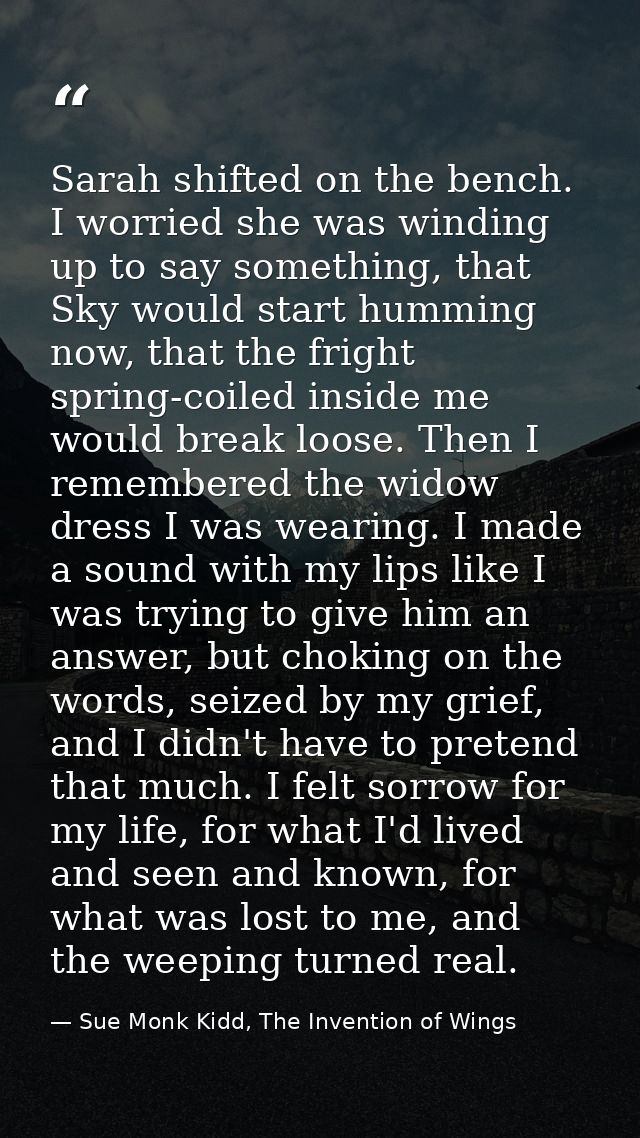 Sarah shifted on the bench. I worried she was winding up to say something, that Sky would start humming now, that the fr — Sue Monk Kidd, The Invention of Wings