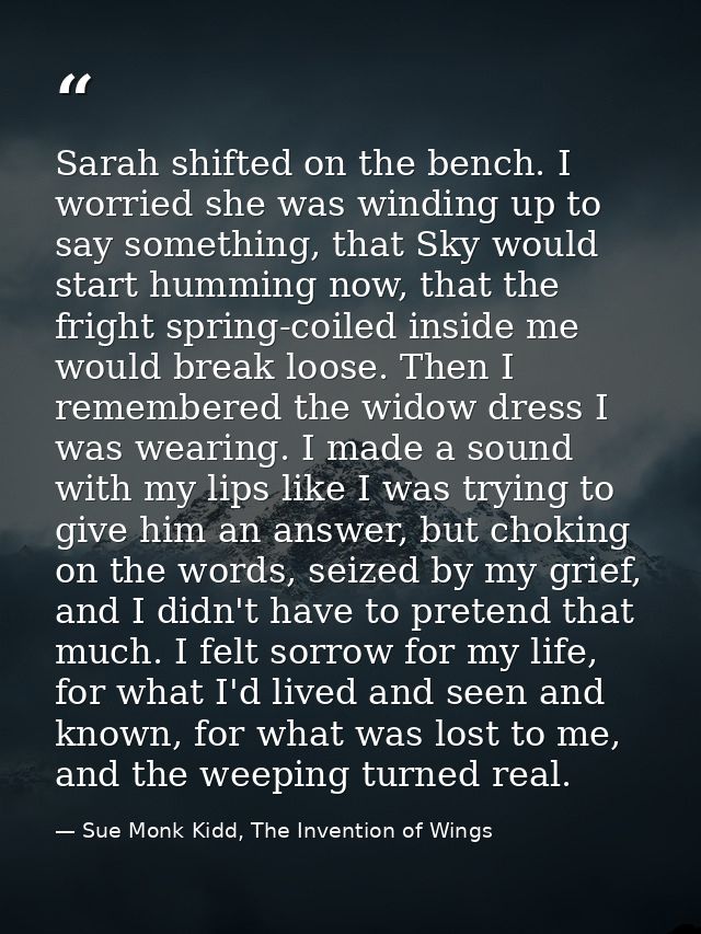 Sarah shifted on the bench. I worried she was winding up to say something, that Sky would start humming now, that the fr — Sue Monk Kidd, The Invention of Wings