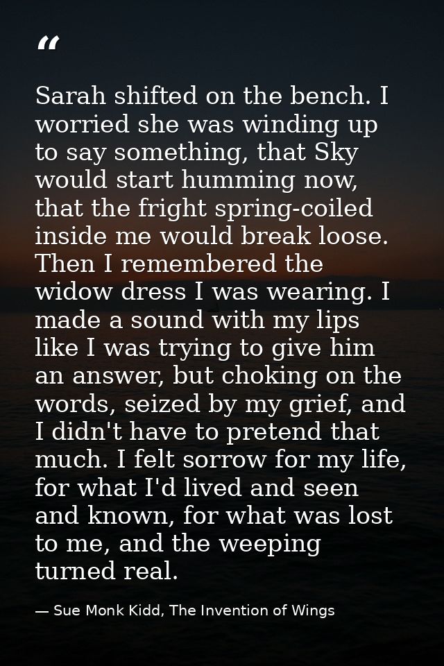 Sarah shifted on the bench. I worried she was winding up to say something, that Sky would start humming now, that the fr — Sue Monk Kidd, The Invention of Wings
