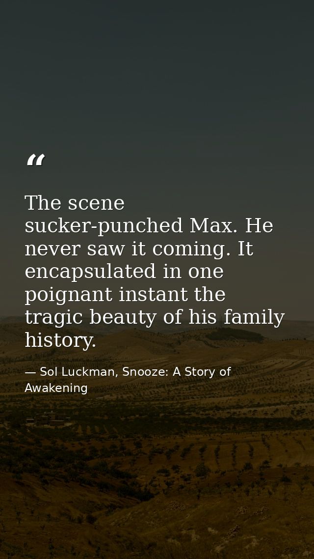 The scene sucker-punched Max. He never saw it coming. It encapsulated in one poignant instant the tragic beauty of his f — Sol Luckman, Snooze: A Story of Awakening
