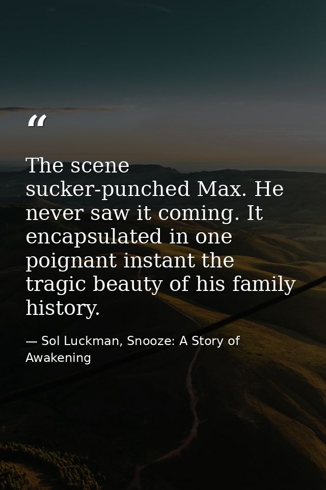 The scene sucker-punched Max. He never saw it coming. It encapsulated in one poignant instant the tragic beauty of his f — Sol Luckman, Snooze: A Story of Awakening