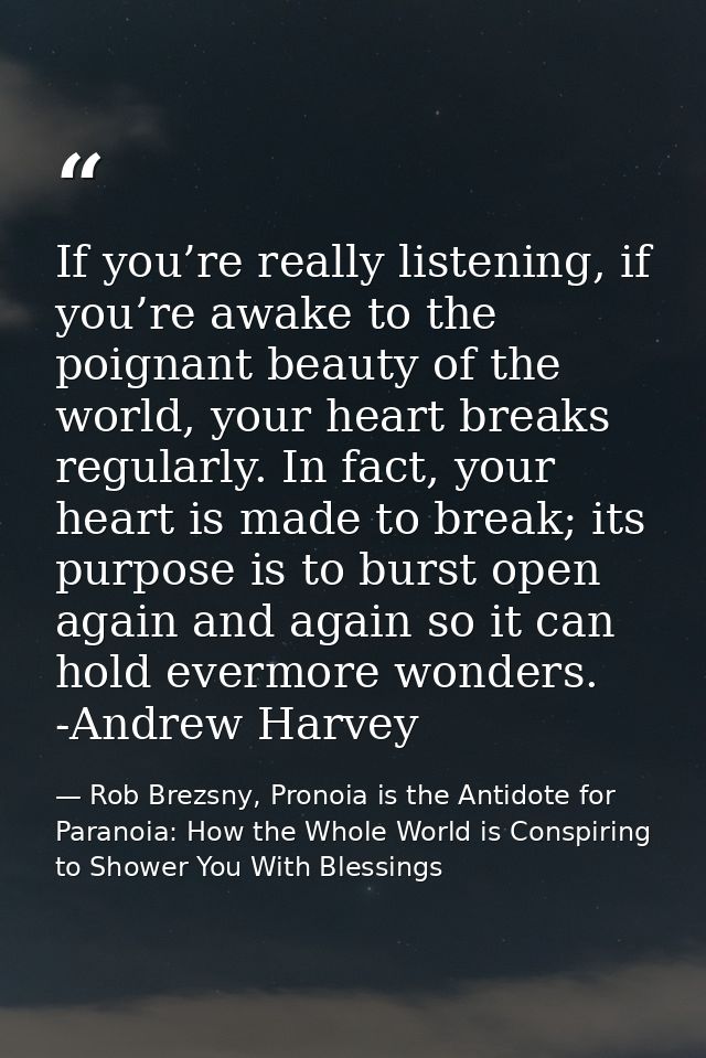 If you’re really listening, if you’re awake to the poignant beauty of the world, your heart breaks regularly. In fact, y — Rob Brezsny, Pronoia is the Antidote for Paranoia: How the Whole World is Conspiring to Shower You With Blessings