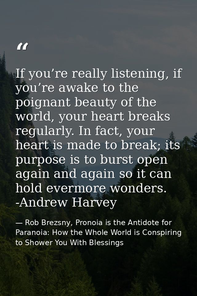 If you’re really listening, if you’re awake to the poignant beauty of the world, your heart breaks regularly. In fact, y — Rob Brezsny, Pronoia is the Antidote for Paranoia: How the Whole World is Conspiring to Shower You With Blessings