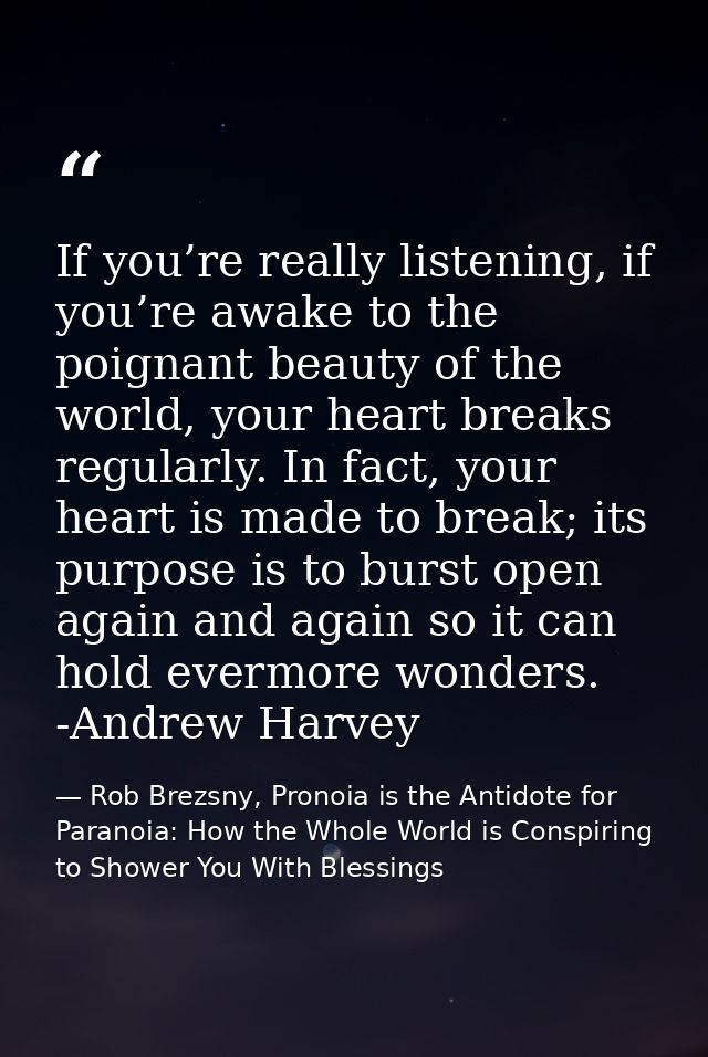 If you’re really listening, if you’re awake to the poignant beauty of the world, your heart breaks regularly. In fact, y — Rob Brezsny, Pronoia is the Antidote for Paranoia: How the Whole World is Conspiring to Shower You With Blessings