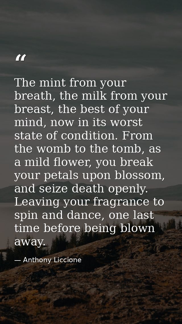 The mint from your breath, the milk from your breast, the best of your mind, now in its worst state of condition. From t — Anthony Liccione