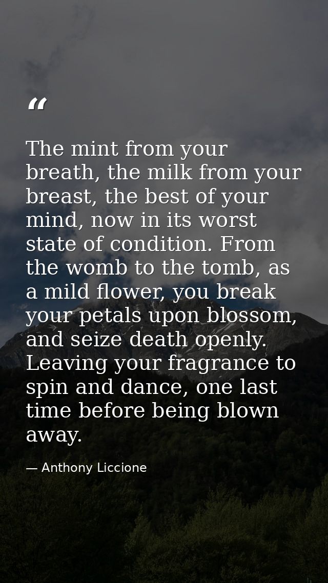 The mint from your breath, the milk from your breast, the best of your mind, now in its worst state of condition. From t — Anthony Liccione