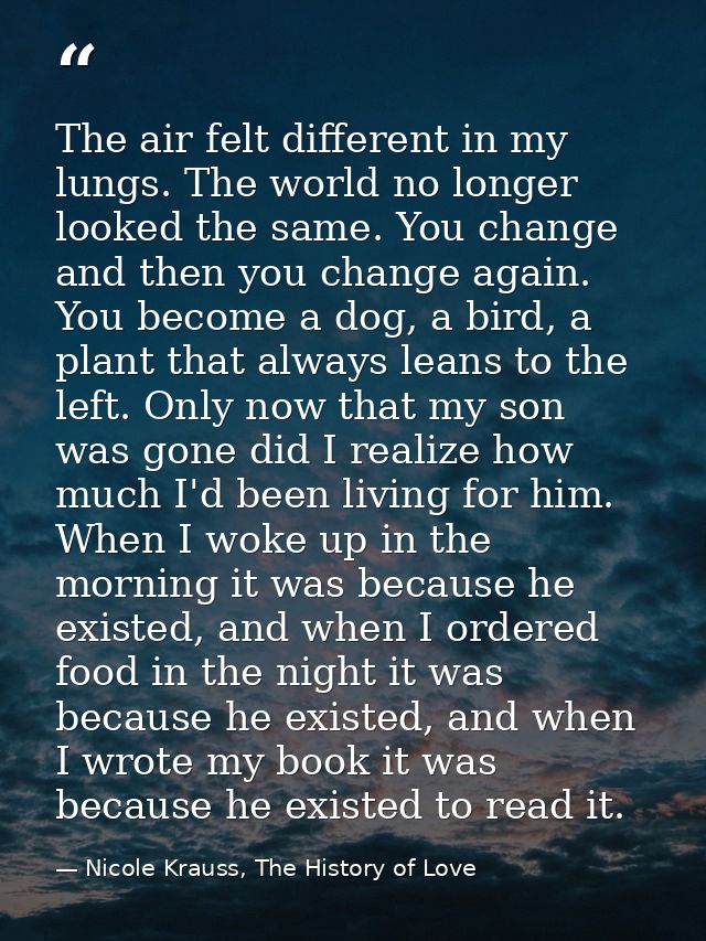 The air felt different in my lungs. The world no longer looked the same. You change and then you change again. You becom — Nicole Krauss, The History of Love