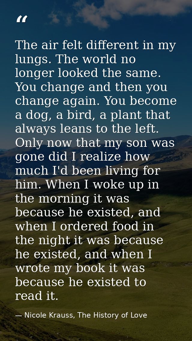 The air felt different in my lungs. The world no longer looked the same. You change and then you change again. You becom — Nicole Krauss, The History of Love