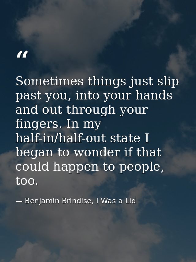 Sometimes things just slip past you, into your hands and out through your fingers. In my half-in/half-out state I began  — Benjamin Brindise, I Was a Lid