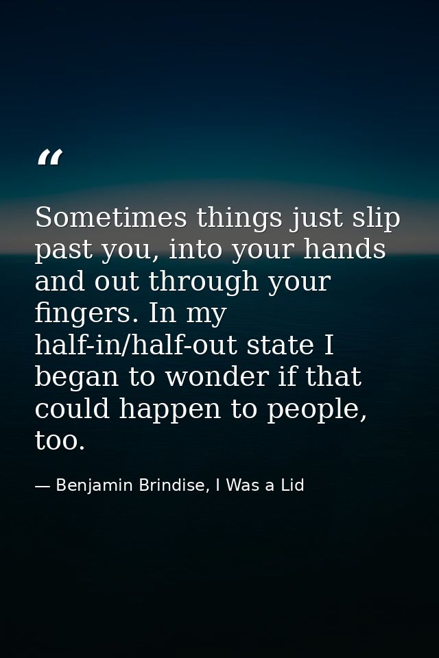 Sometimes things just slip past you, into your hands and out through your fingers. In my half-in/half-out state I began  — Benjamin Brindise, I Was a Lid