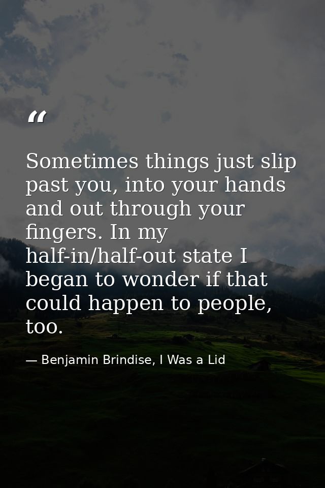 Sometimes things just slip past you, into your hands and out through your fingers. In my half-in/half-out state I began  — Benjamin Brindise, I Was a Lid
