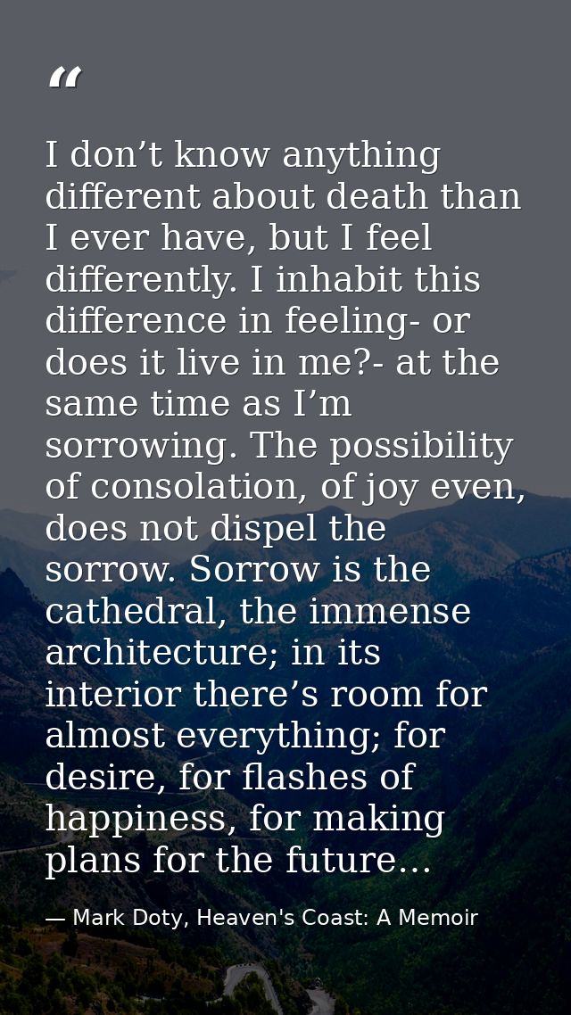 I don’t know anything different about death than I ever have, but I feel differently. I inhabit this difference in feeli — Mark Doty, Heaven's Coast: A Memoir