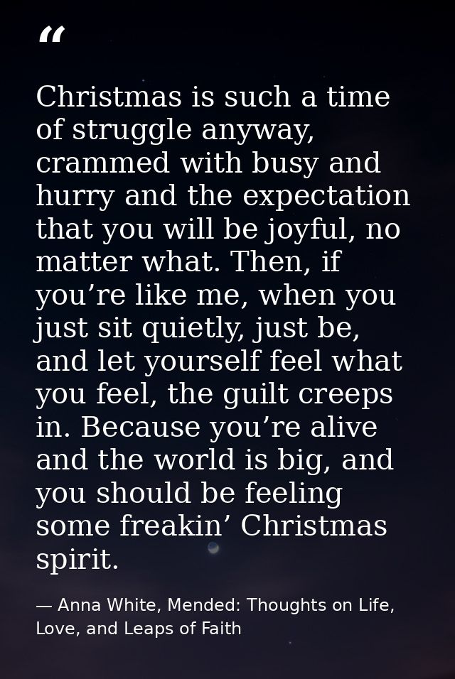 Christmas is such a time of struggle anyway, crammed with busy and hurry and the expectation that you will be joyful, no — Anna White, Mended: Thoughts on Life, Love, and Leaps of Faith