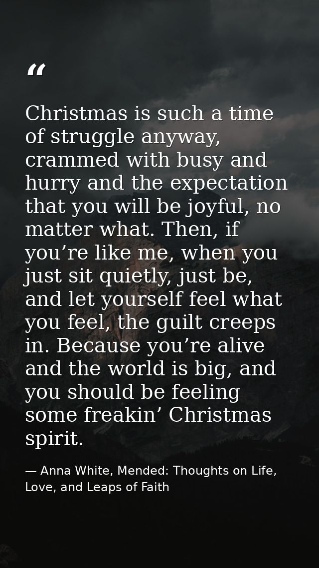 Christmas is such a time of struggle anyway, crammed with busy and hurry and the expectation that you will be joyful, no — Anna White, Mended: Thoughts on Life, Love, and Leaps of Faith