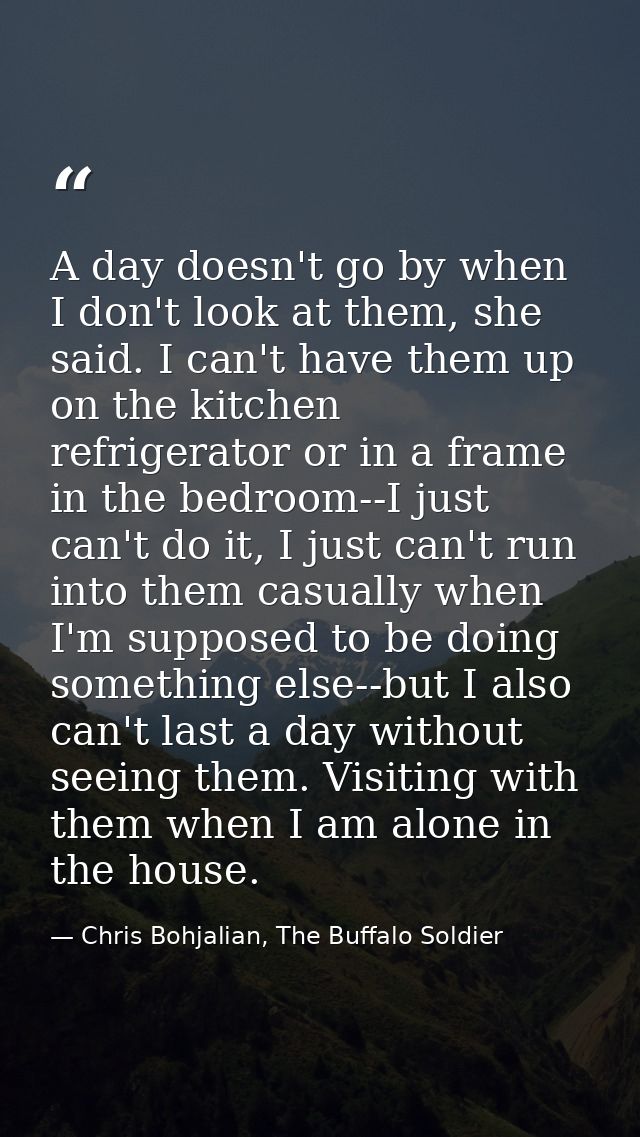 A day doesn't go by when I don't look at them, she said. I can't have them up on the kitchen refrigerator or in a frame  — Chris Bohjalian, The Buffalo Soldier