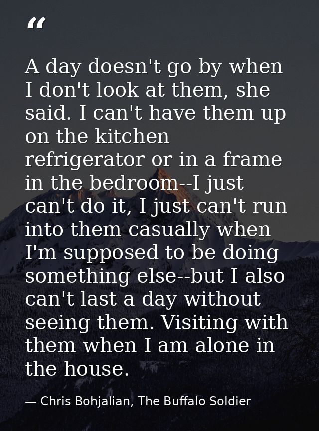 A day doesn't go by when I don't look at them, she said. I can't have them up on the kitchen refrigerator or in a frame  — Chris Bohjalian, The Buffalo Soldier