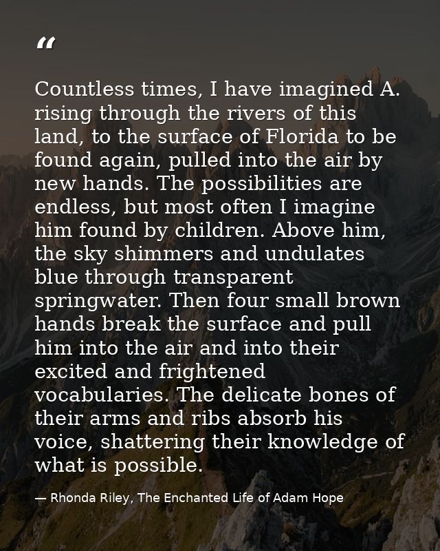 Countless times, I have imagined A. rising through the rivers of this land, to the surface of Florida to be found again, — Rhonda Riley, The Enchanted Life of Adam Hope