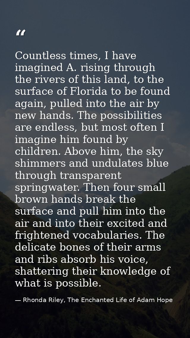 Countless times, I have imagined A. rising through the rivers of this land, to the surface of Florida to be found again, — Rhonda Riley, The Enchanted Life of Adam Hope