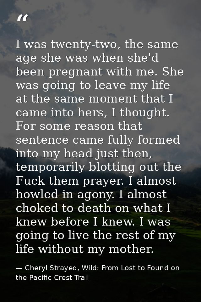 I was twenty-two, the same age she was when she'd been pregnant with me. She was going to leave my life at the same mome — Cheryl Strayed, Wild: From Lost to Found on the Pacific Crest Trail