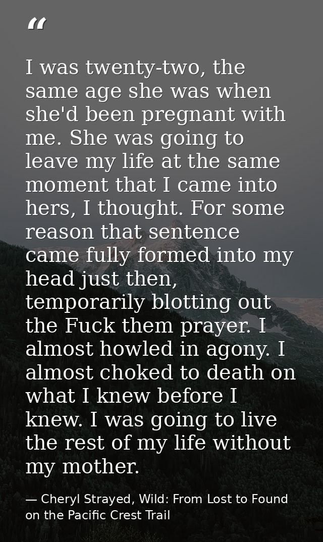 I was twenty-two, the same age she was when she'd been pregnant with me. She was going to leave my life at the same mome — Cheryl Strayed, Wild: From Lost to Found on the Pacific Crest Trail