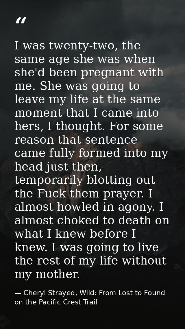 I was twenty-two, the same age she was when she'd been pregnant with me. She was going to leave my life at the same mome — Cheryl Strayed, Wild: From Lost to Found on the Pacific Crest Trail