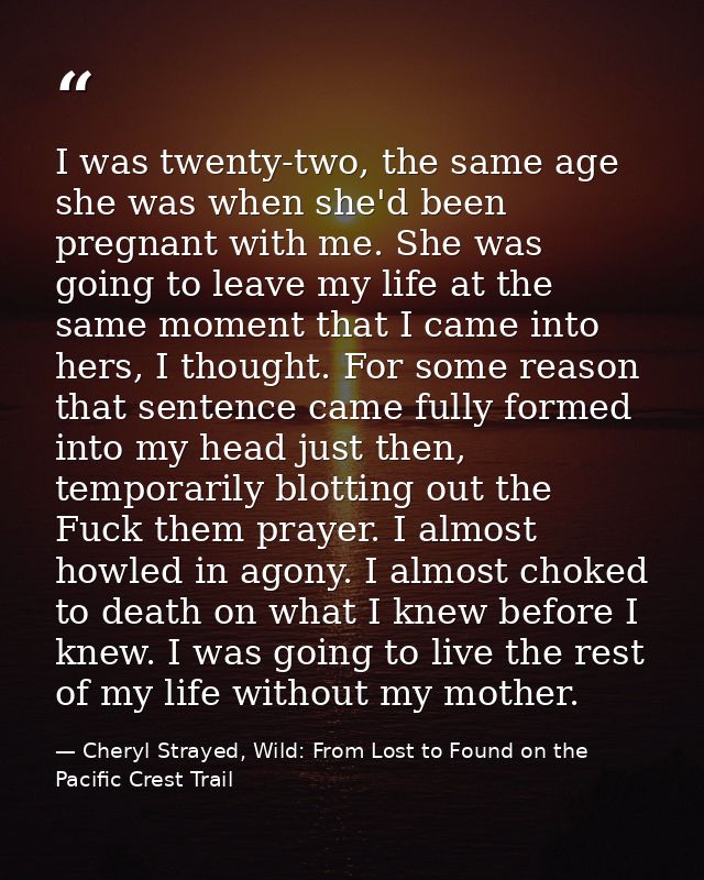 I was twenty-two, the same age she was when she'd been pregnant with me. She was going to leave my life at the same mome — Cheryl Strayed, Wild: From Lost to Found on the Pacific Crest Trail
