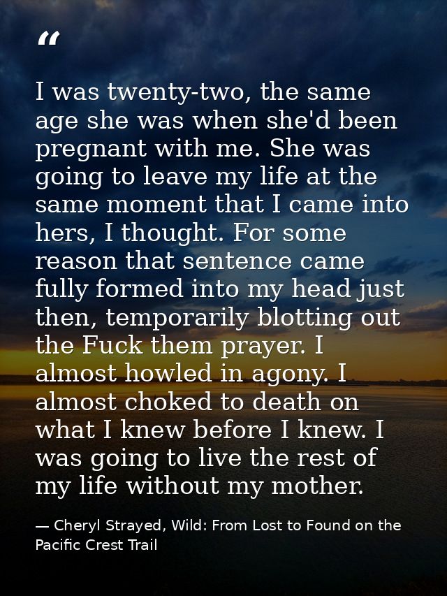 I was twenty-two, the same age she was when she'd been pregnant with me. She was going to leave my life at the same mome — Cheryl Strayed, Wild: From Lost to Found on the Pacific Crest Trail