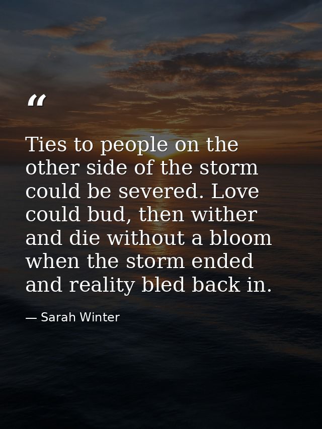 Ties to people on the other side of the storm could be severed. Love could bud, then wither and die without a bloom when — Sarah Winter