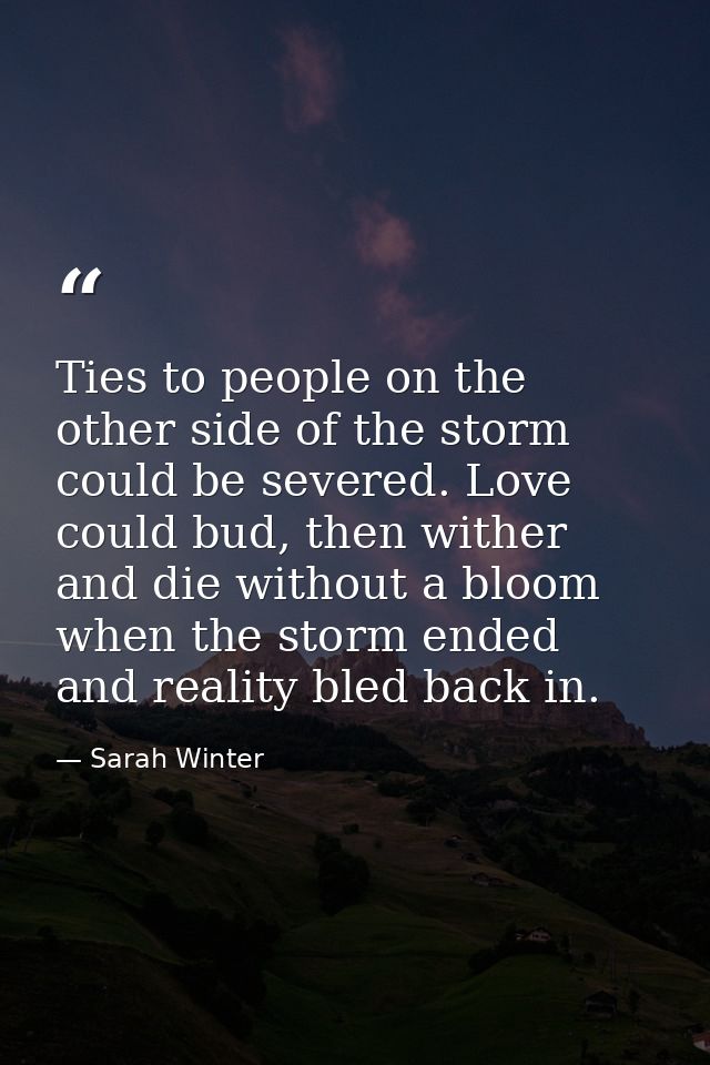 Ties to people on the other side of the storm could be severed. Love could bud, then wither and die without a bloom when — Sarah Winter