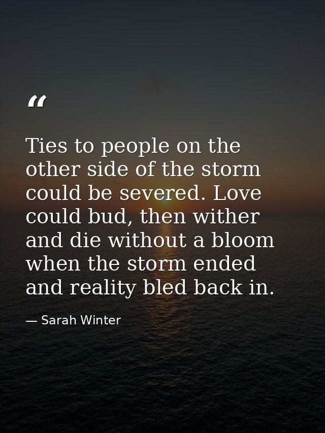 Ties to people on the other side of the storm could be severed. Love could bud, then wither and die without a bloom when — Sarah Winter