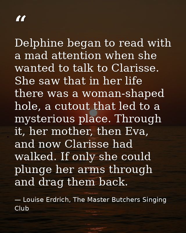 Delphine began to read with a mad attention when she wanted to talk to Clarisse. She saw that in her life there was a wo — Louise Erdrich, The Master Butchers Singing Club