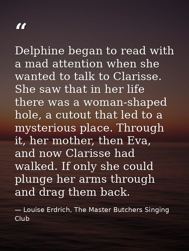Delphine began to read with a mad attention when she wanted to talk to Clarisse. She saw that in her life there was a wo — Louise Erdrich, The Master Butchers Singing Club